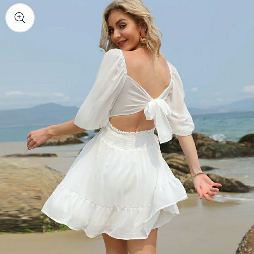 Elegant White Tie Back Women's Dress - Picture 2 of 15